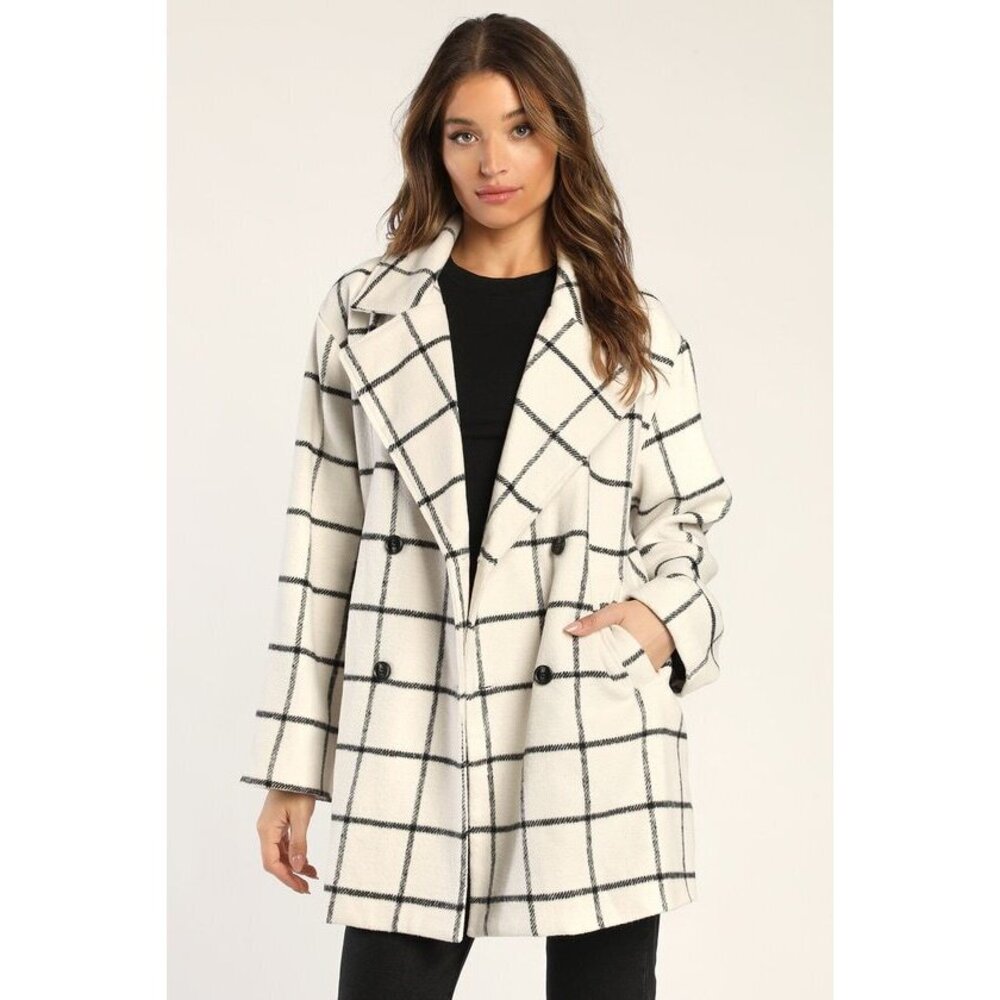 Lulus Snowy Streets Ivory Grid Print Double Breasted Coat White - Size M